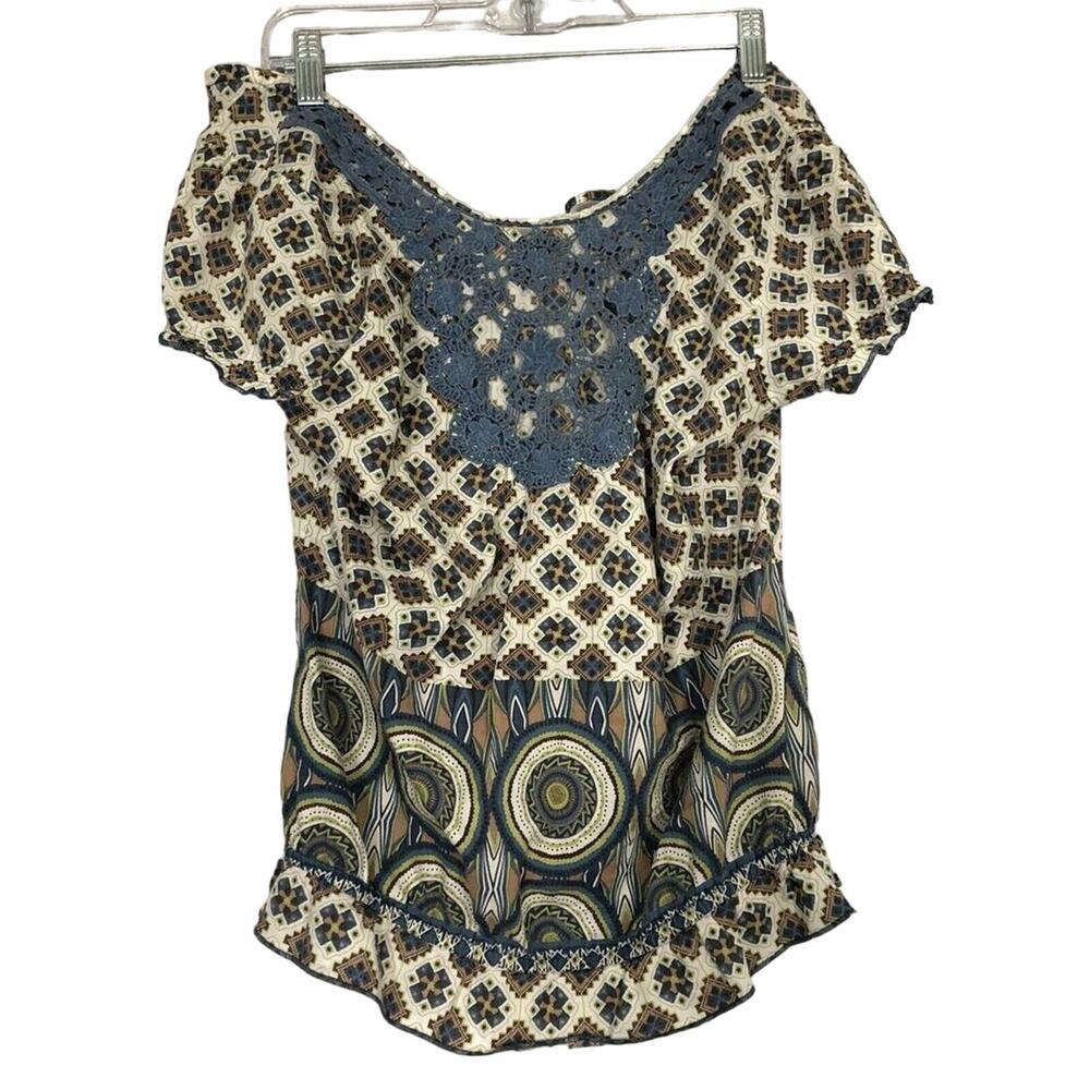 Self Esteeem Off the Shoulder Womens Top Size L Abstract Crochet Bow Tie Boho
